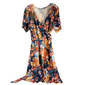 Flor Womens Dress Faux Wrap Floral Multicolored Fall Colors V-Neck Short Sleeves